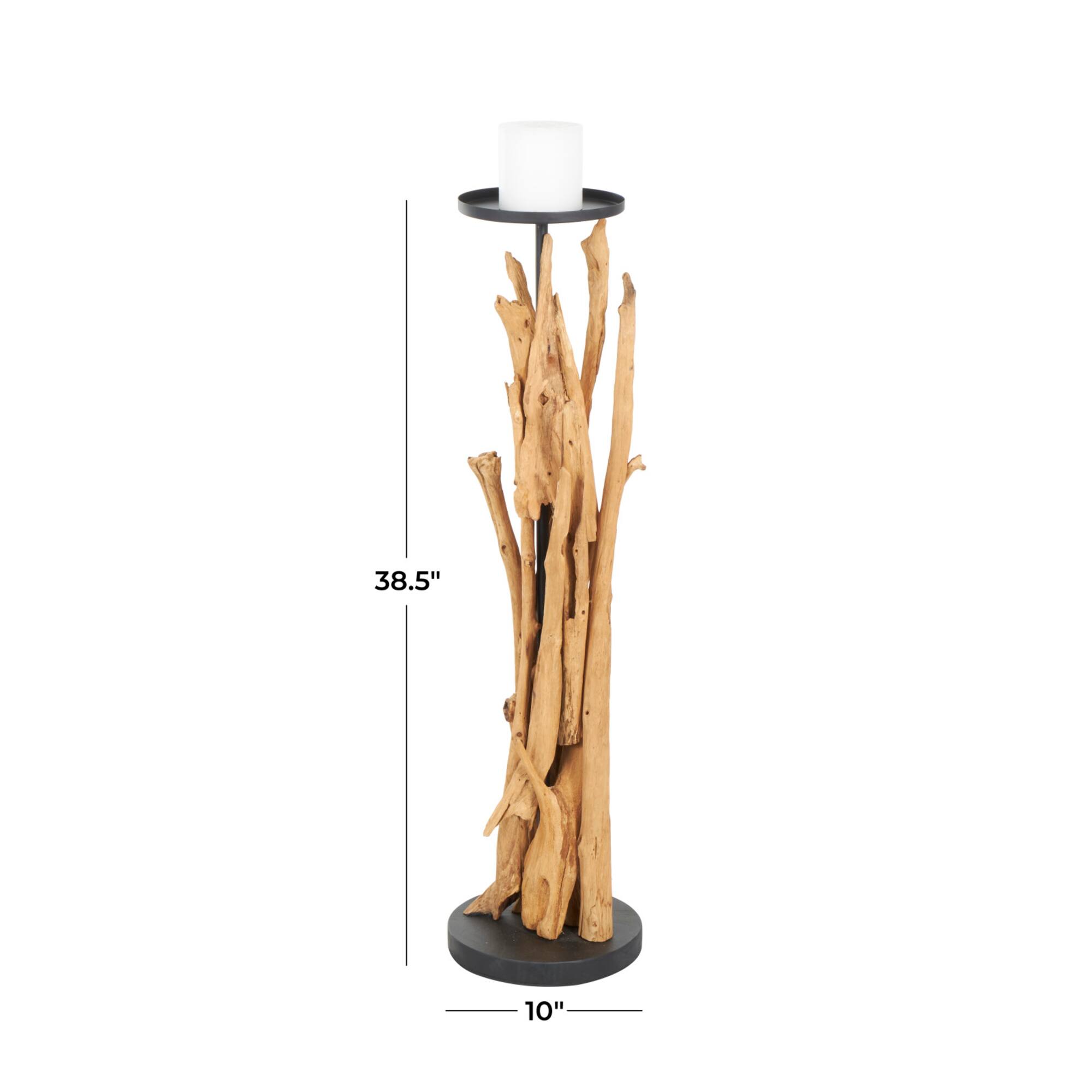 39" Brown Teak Wood Handmade Tall Tree Branch Floor Candle Holder with Black Metal Accents